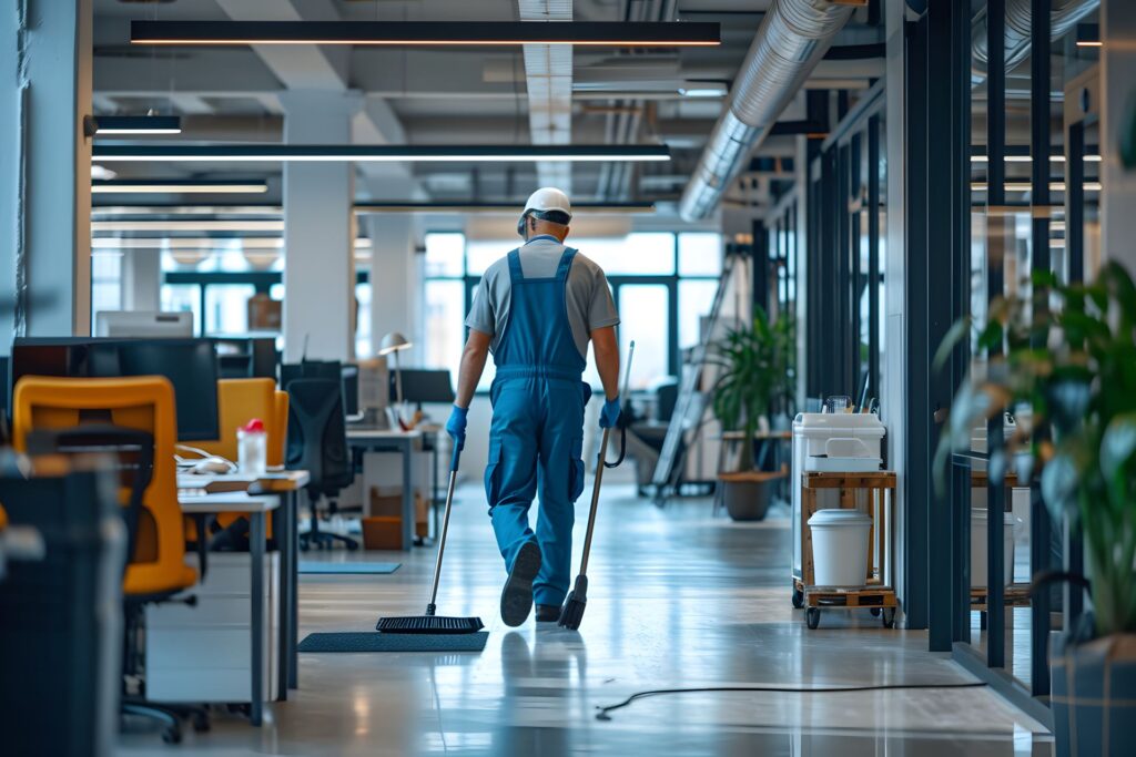 Ein Reinigungspersonal in einem modernen Büro mit Reinigungsgeräten, einschließlich eines Mülleimers auf einem Putzwagen. Die sorgfältige Reinigung und Platzierung von Mülleimern sorgen für eine saubere Arbeitsumgebung.