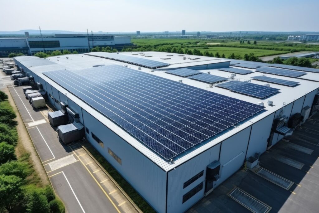 Ein Industriegebäude mit großflächiger Solaranlage auf dem Dach, zeigt den Einsatz effizienter Wechselrichter, die durch umfassende Tests ausgewählt wurden, um maximale Energieerträge zu erzielen.