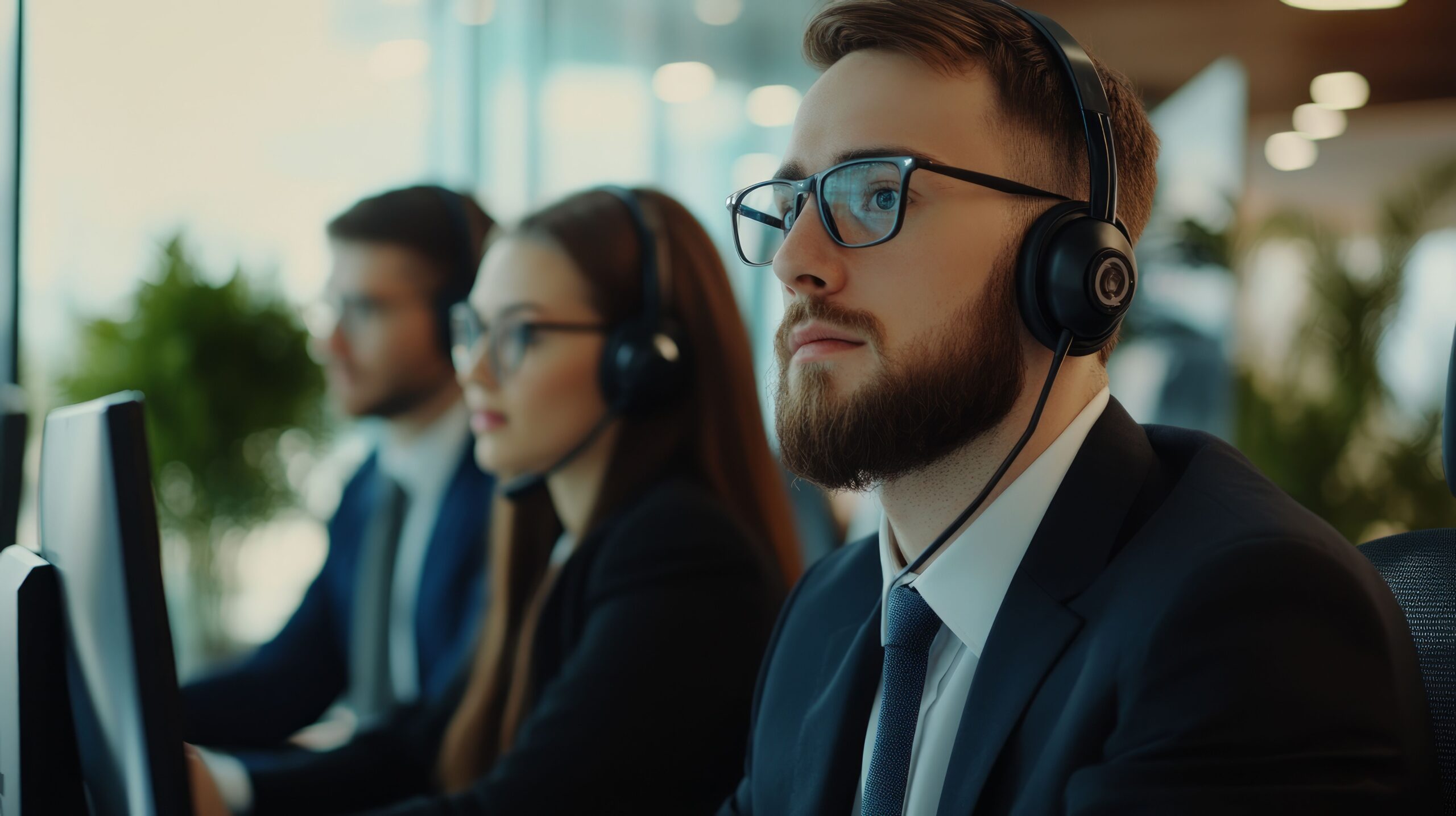 Mitarbeiter in einem modernen Büro mit Headsets während einer Schulung zur Nutzung der Online-Telefonanlage