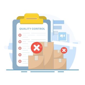 Checkliste für Qualitätskontrolle mit markierten Fehlern und aussortierten Verpackungseinheiten – visuelle Darstellung von Produktionsausschuss