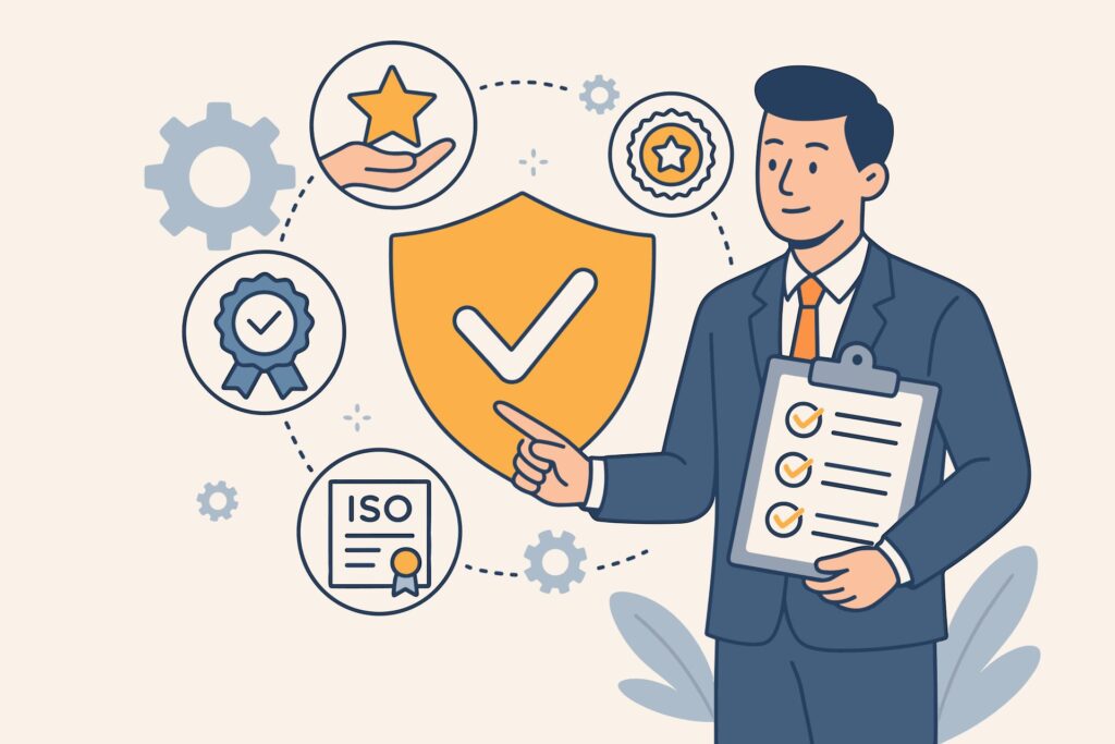 Geschäftsmann mit Checkliste, Qualitätssiegeln und ISO-Zertifikat – Sinnbild für Normerfüllung, Vertrauen und Kalibrierungsstrategie